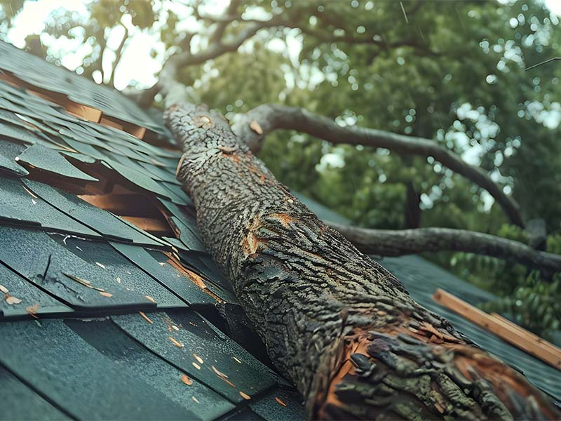 Tree limb fallen onto damaged roof.
